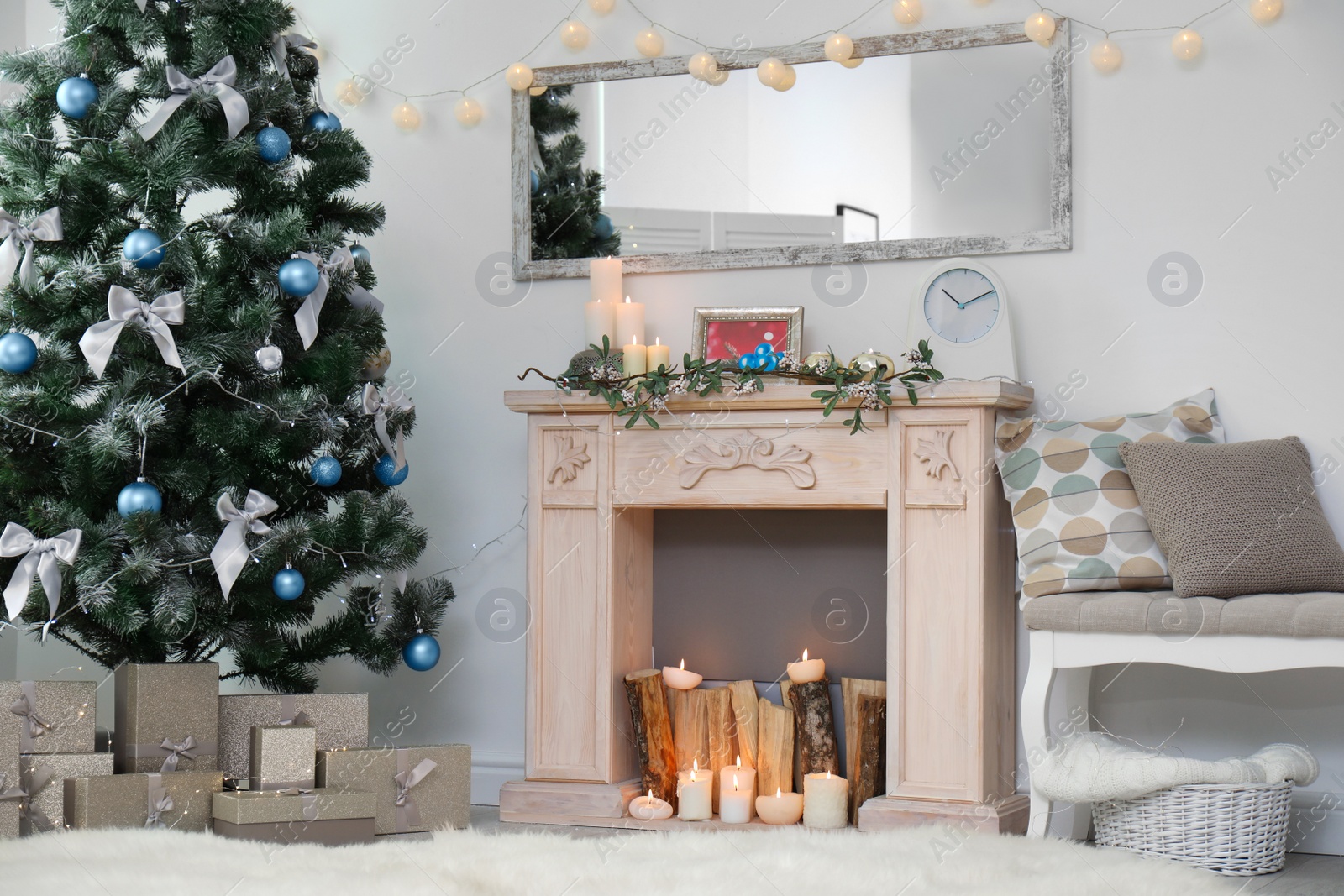 Photo of Stylish living room interior with decorated Christmas tree