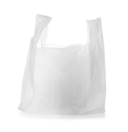 Photo of Clear disposable plastic bag on white background