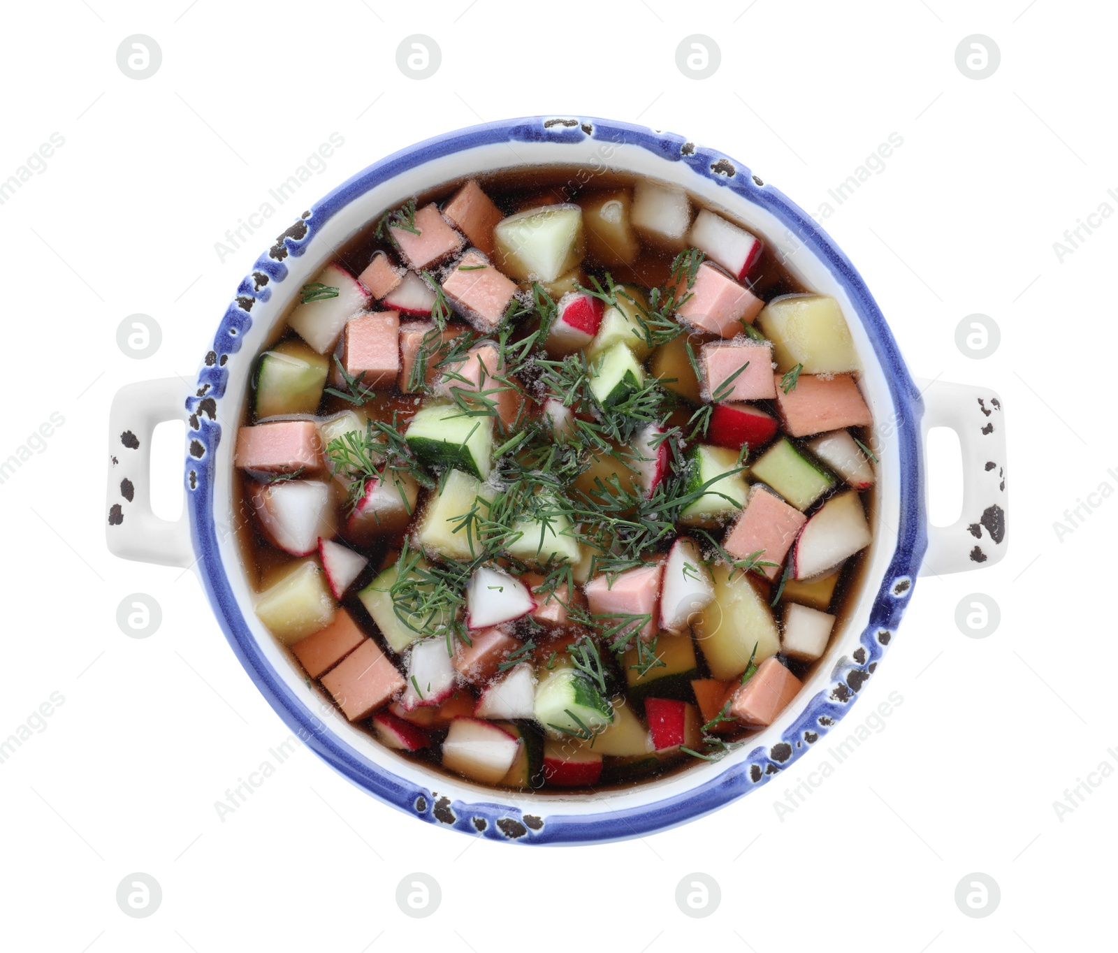 Photo of Delicious cold okroshka with kvass isolated on white, top view. Traditional Russian summer soup