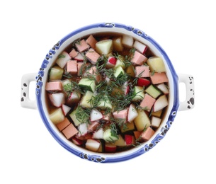 Delicious cold okroshka with kvass isolated on white, top view. Traditional Russian summer soup