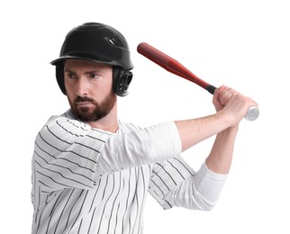 Baseball player taking swing with bat on white background