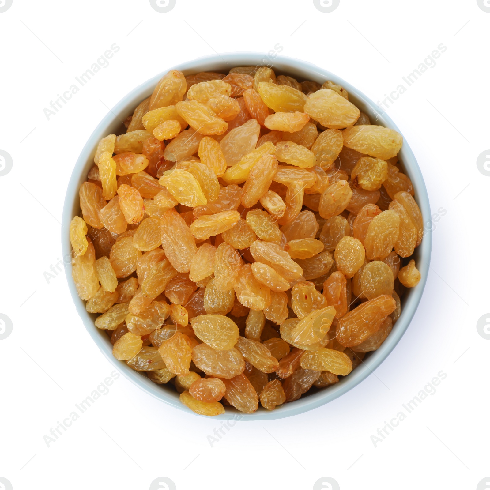 Photo of Bowl with dried golden raisins isolated on white, top view. Healthy nutrition with fruits