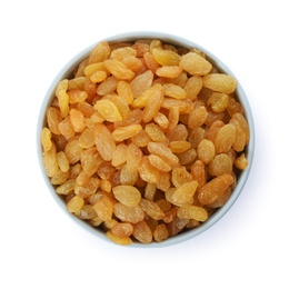 Photo of Bowl with dried golden raisins isolated on white, top view. Healthy nutrition with fruits