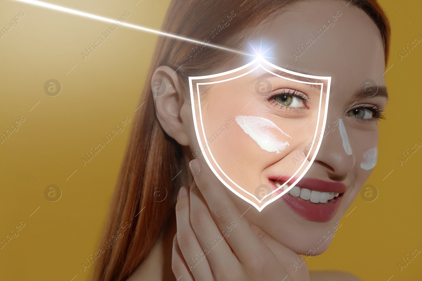 Image of Sun protection care. Beautiful woman with sunscreen on face against golden background. Illustration of shield as SPF