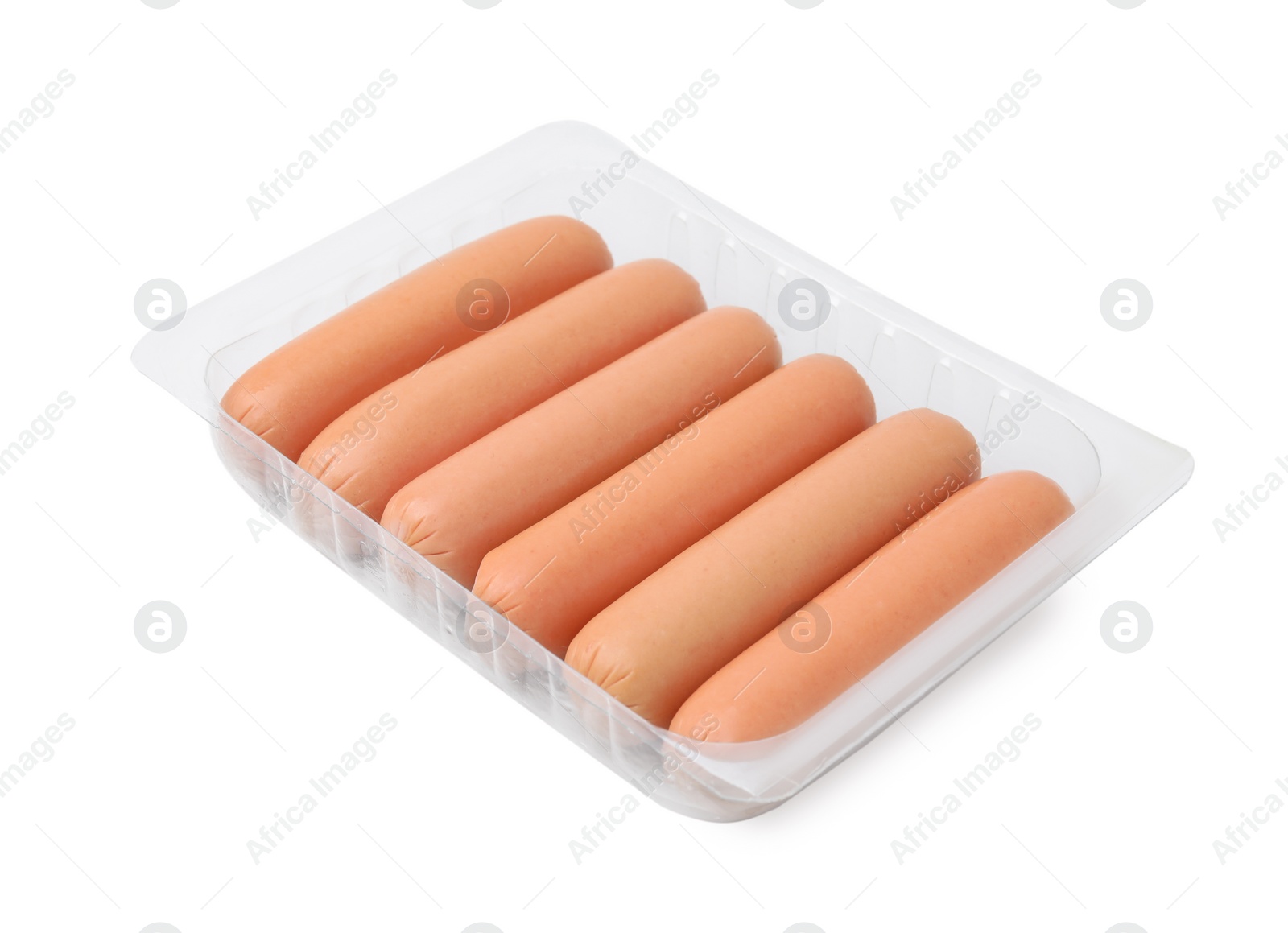 Photo of Delicious boiled sausages in plastic container on white background