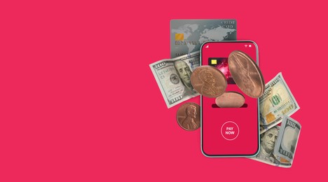 Image of Online payment. Coins falling into slot in mobile phone with open e-wallet app, dollar banknotes and credit card on crimson background, space for text