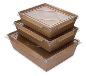 Photo of Stacked paper containers for food on white background