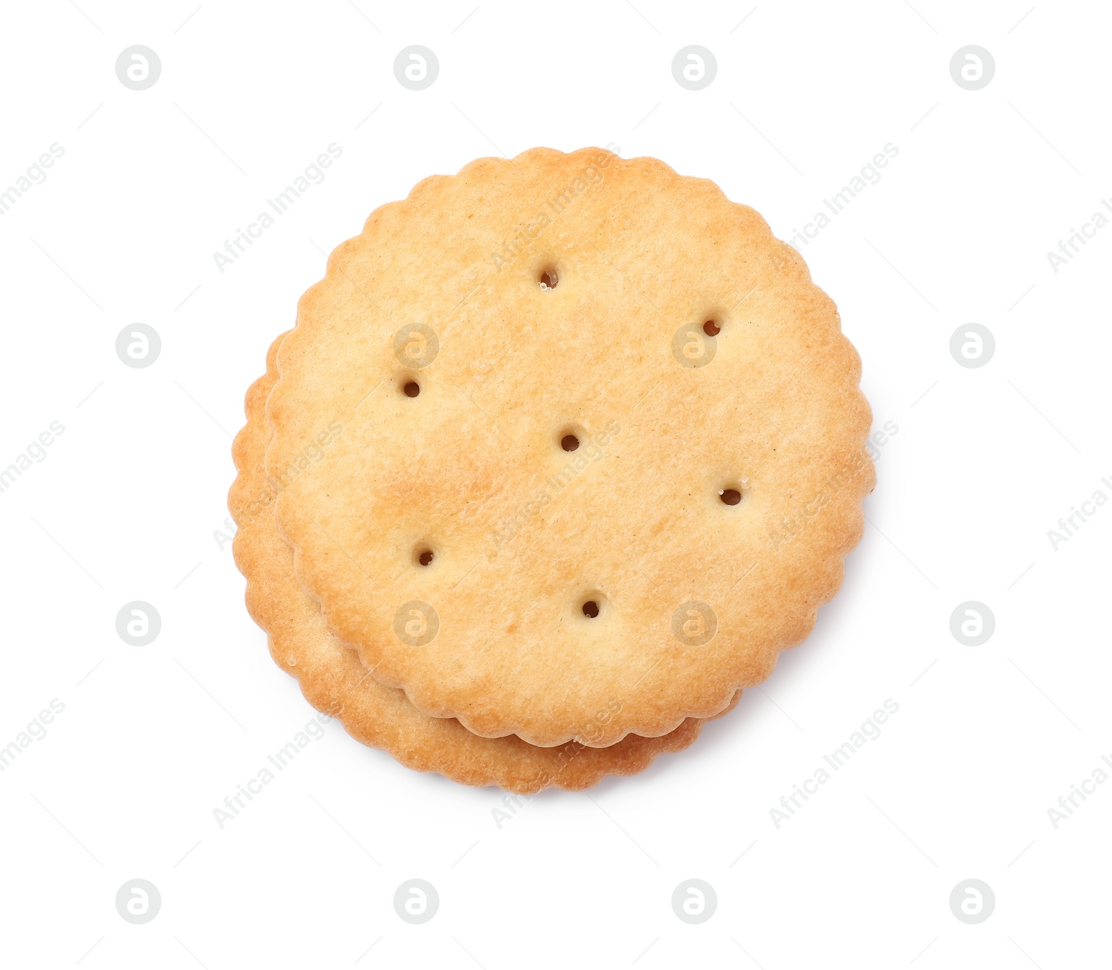 Photo of Two crispy crackers isolated on white, top view. Delicious snack