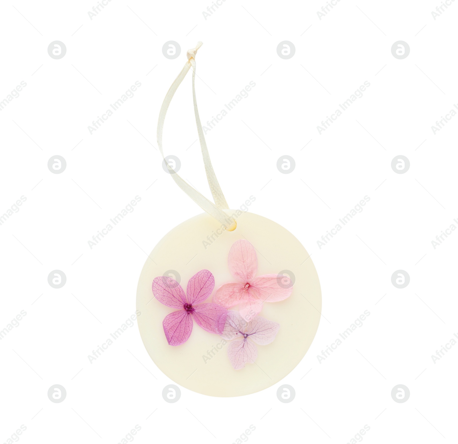 Photo of Beautiful scented sachet with flowers isolated on white