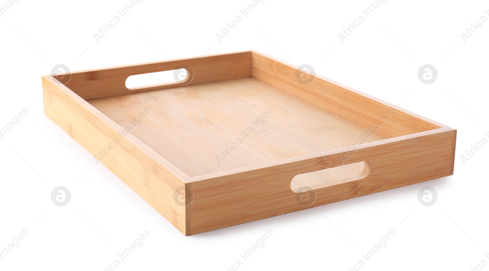 Photo of One empty wooden tray isolated on white