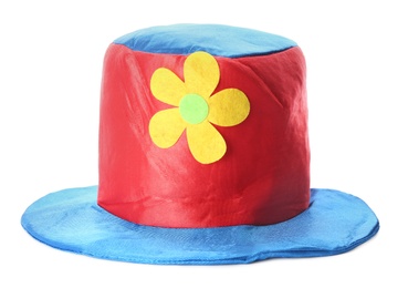 Photo of Funny red hat with flower isolated on white. Clown's accessory