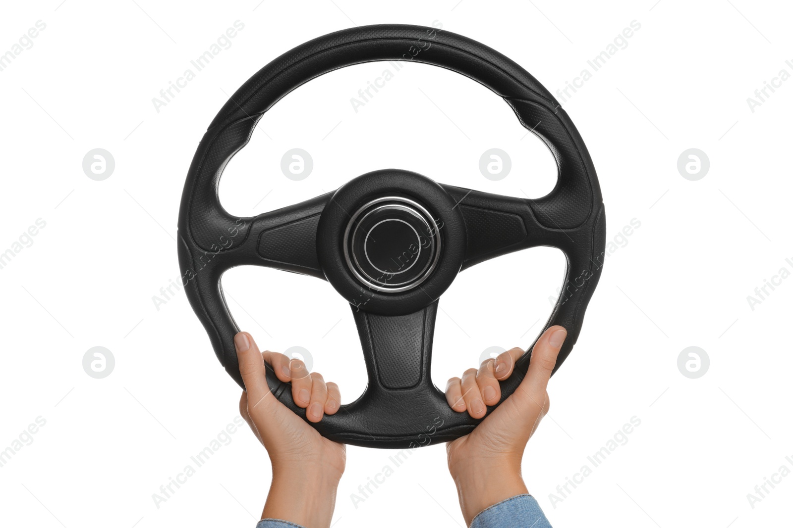 Photo of Woman with steering wheel on white background, closeup