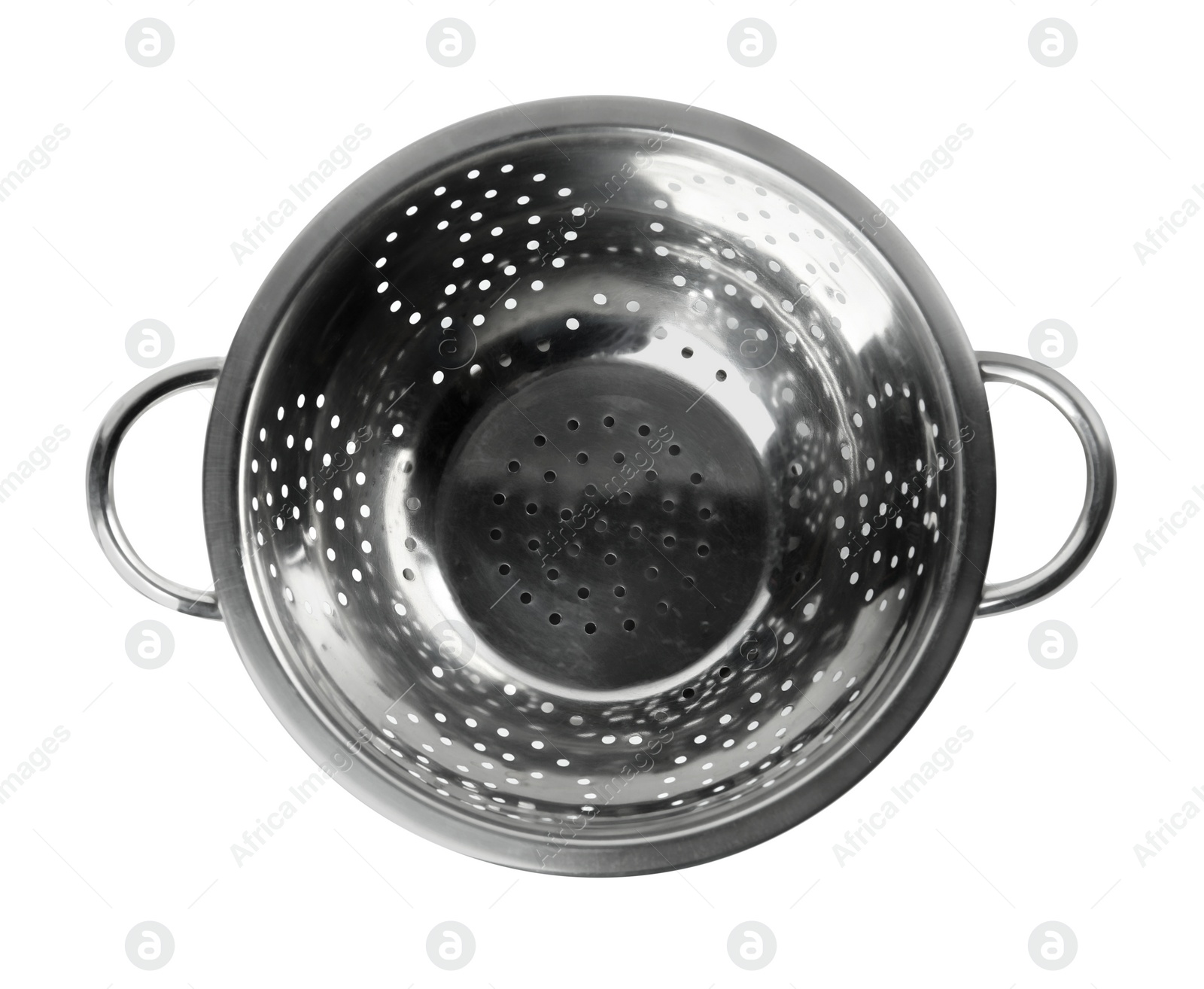 Photo of New clean colander isolated on white, top view. Cooking utensils