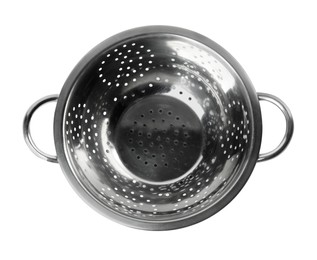 Photo of New clean colander isolated on white, top view. Cooking utensils