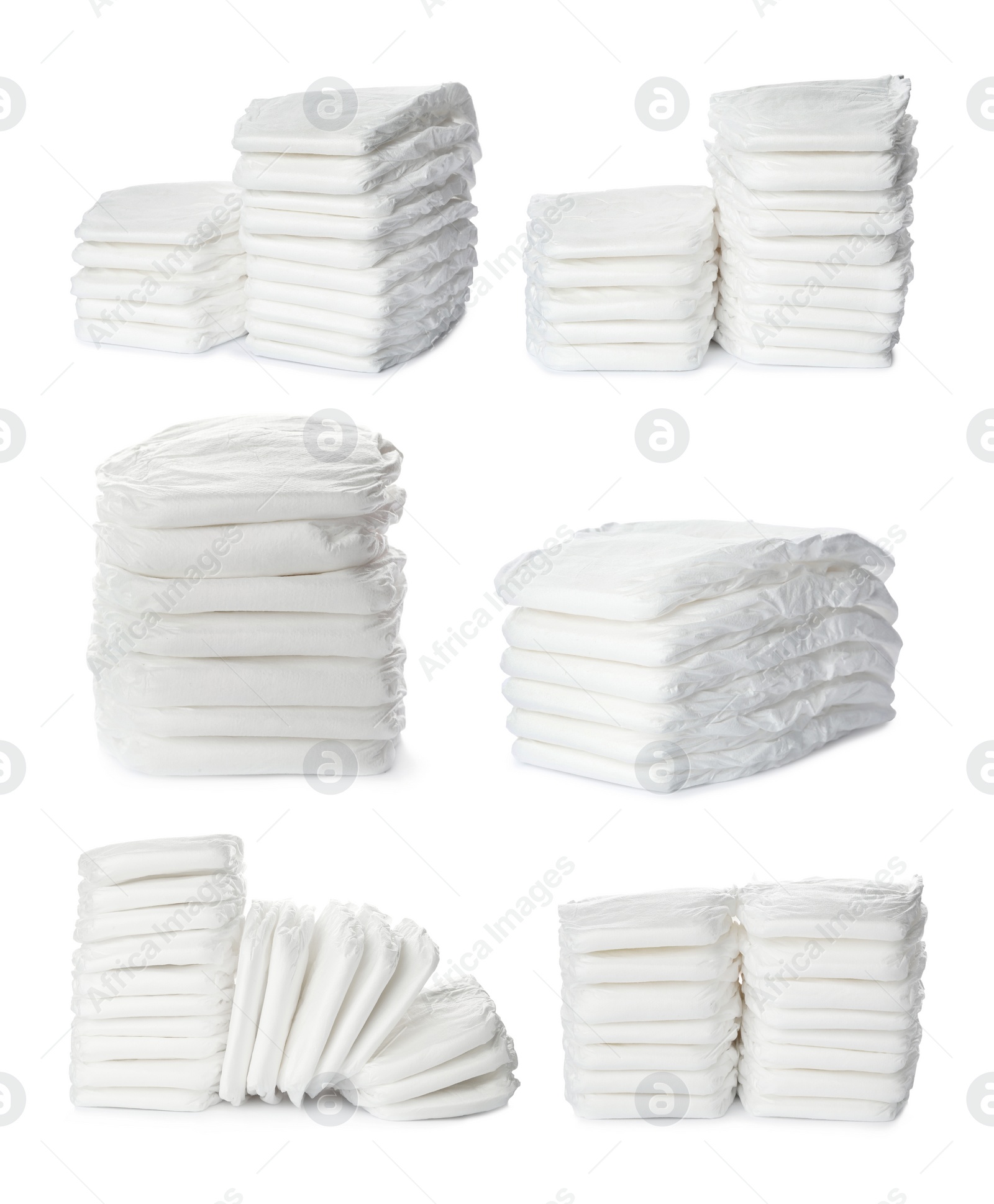 Image of Set of baby diapers on white background