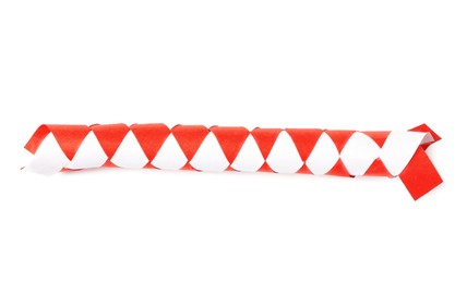 Photo of Chinese finger trap isolated on white, top view