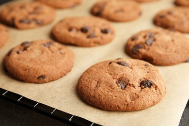 Photo of Tasty chocolate chip cookies on parchment, closeup