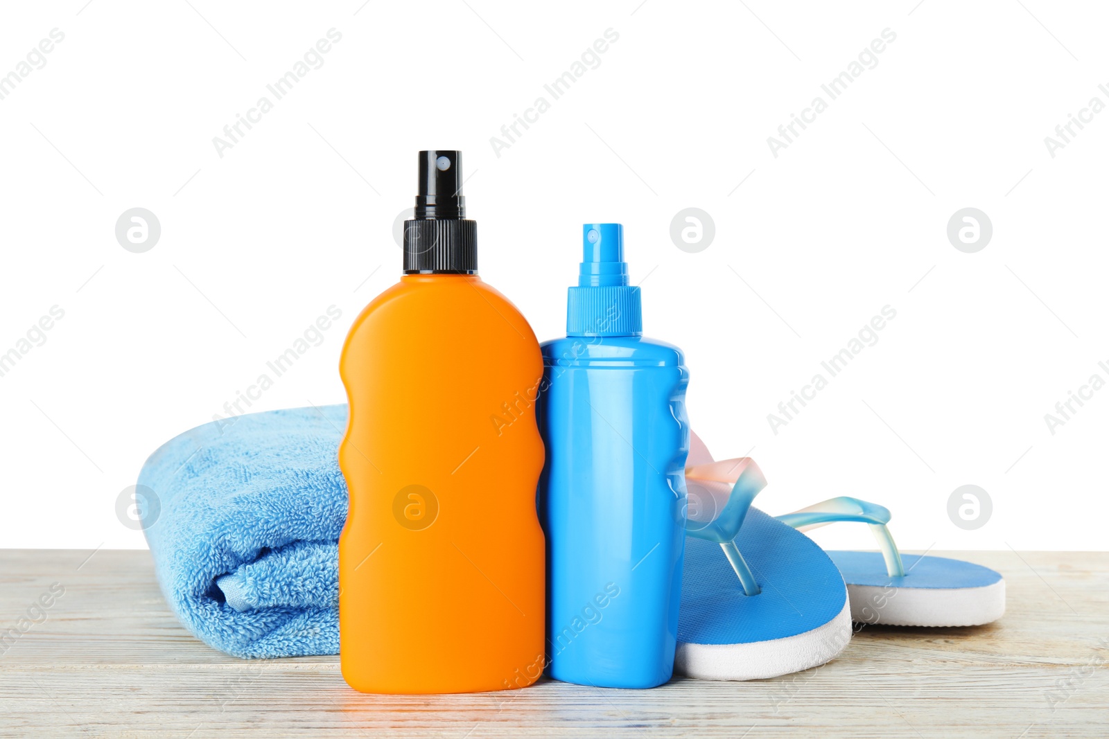 Photo of Composition with sun protection products on white background. Body care