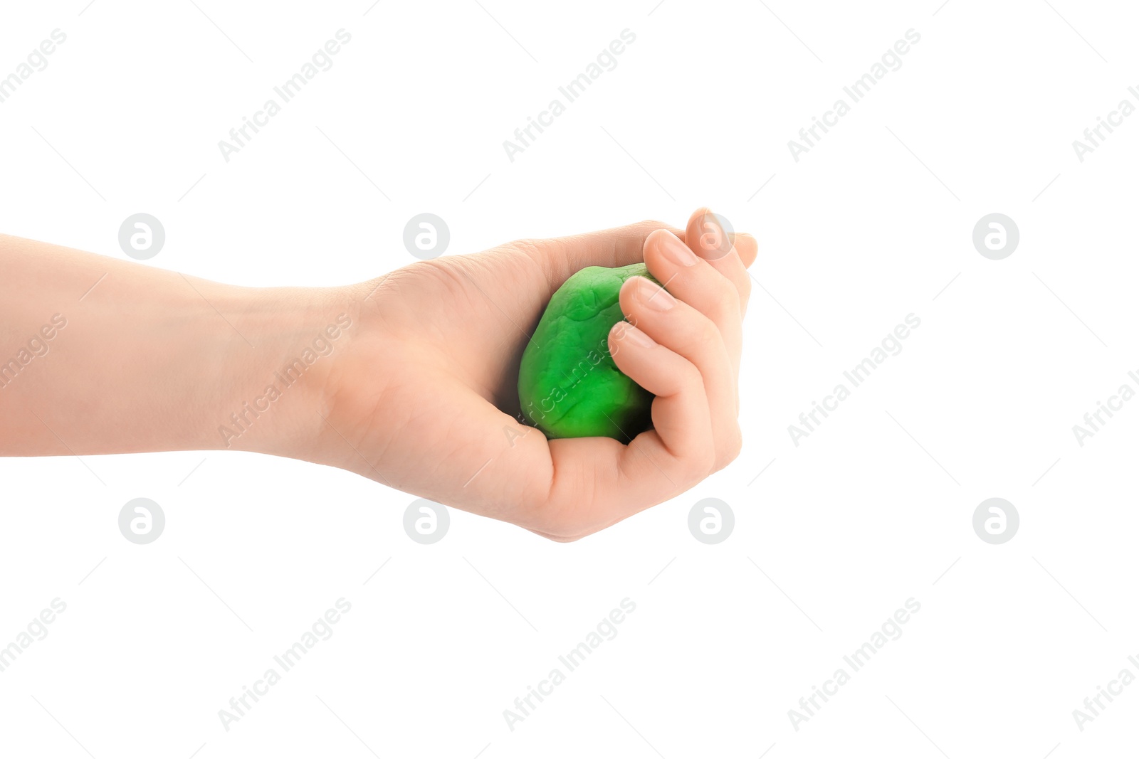 Photo of Woman holding colorful play dough on white background