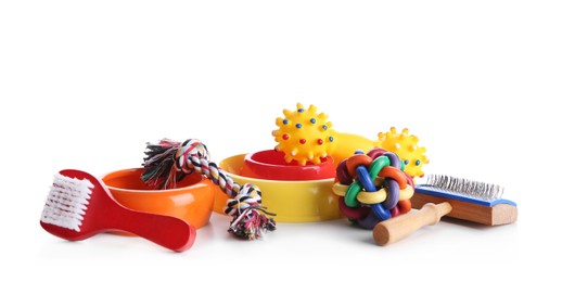 Feeding bowls, brushes and dog toys on white background