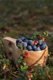 Wooden mug full of fresh ripe blueberries and lingonberries in grass