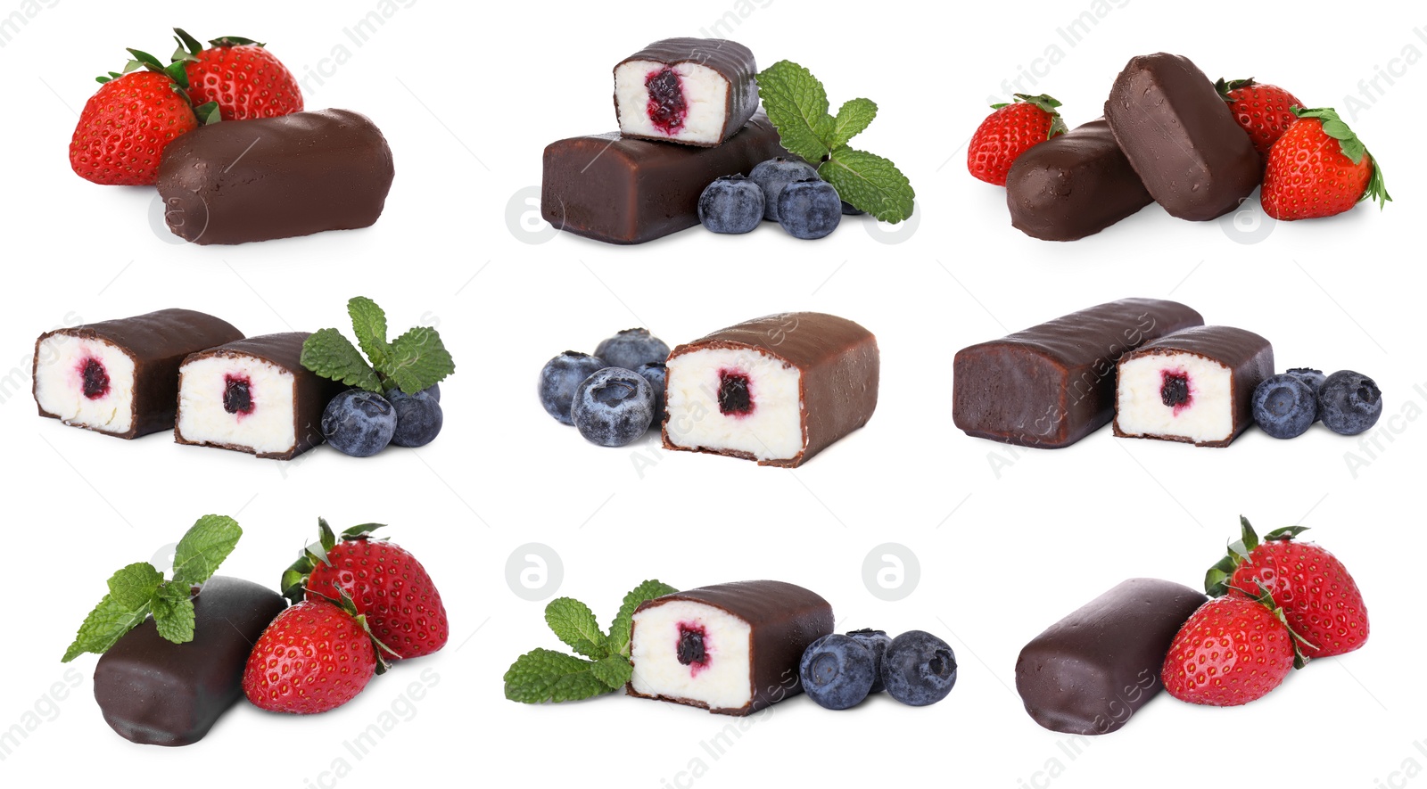 Image of Collage of glazed curd cheese bars with strawberry and blueberry fillings on white background