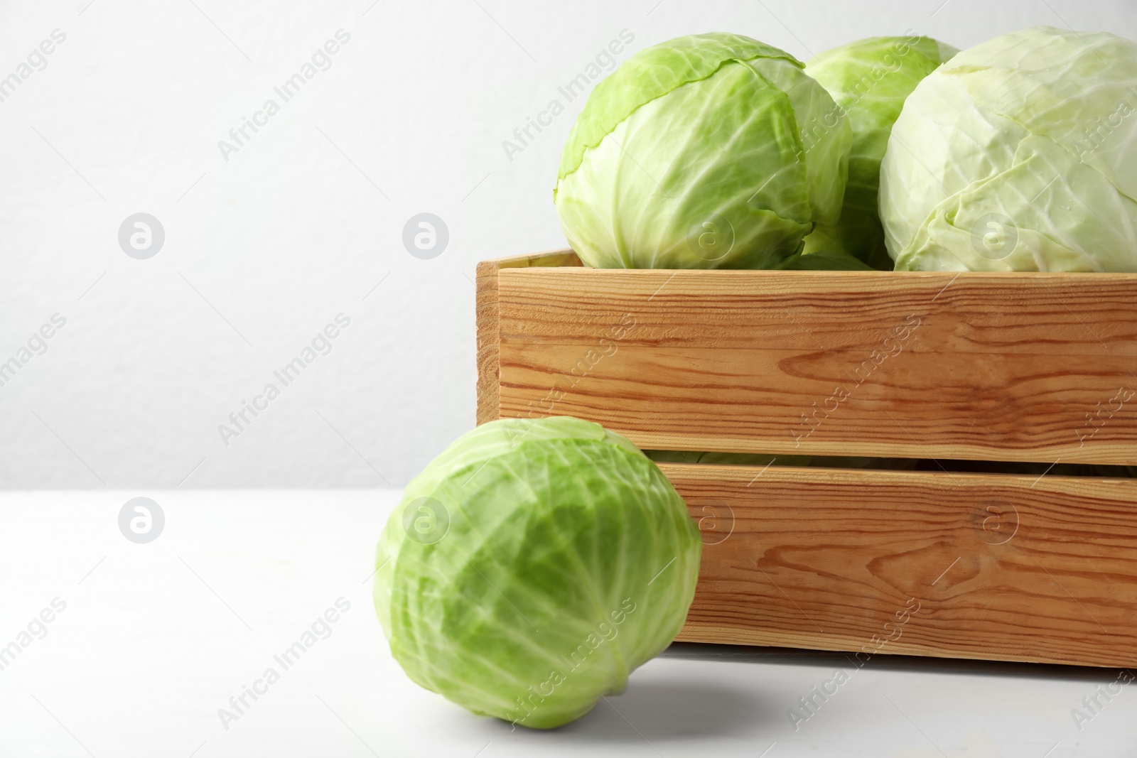 Photo of White cabbage in crate on table. Space for text