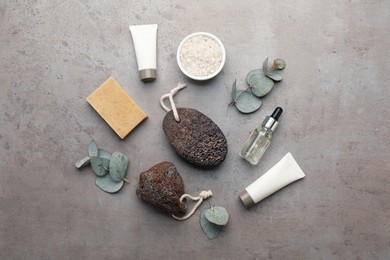 Flat lay composition with pumice stones on grey background