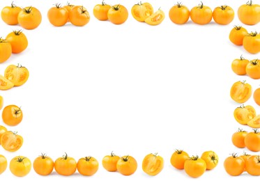 Image of Frame made of fresh ripe yellow tomatoes on white background
