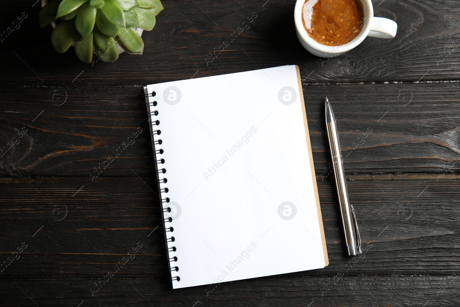 Photo of Notebook, coffee and plant on dark wooden background