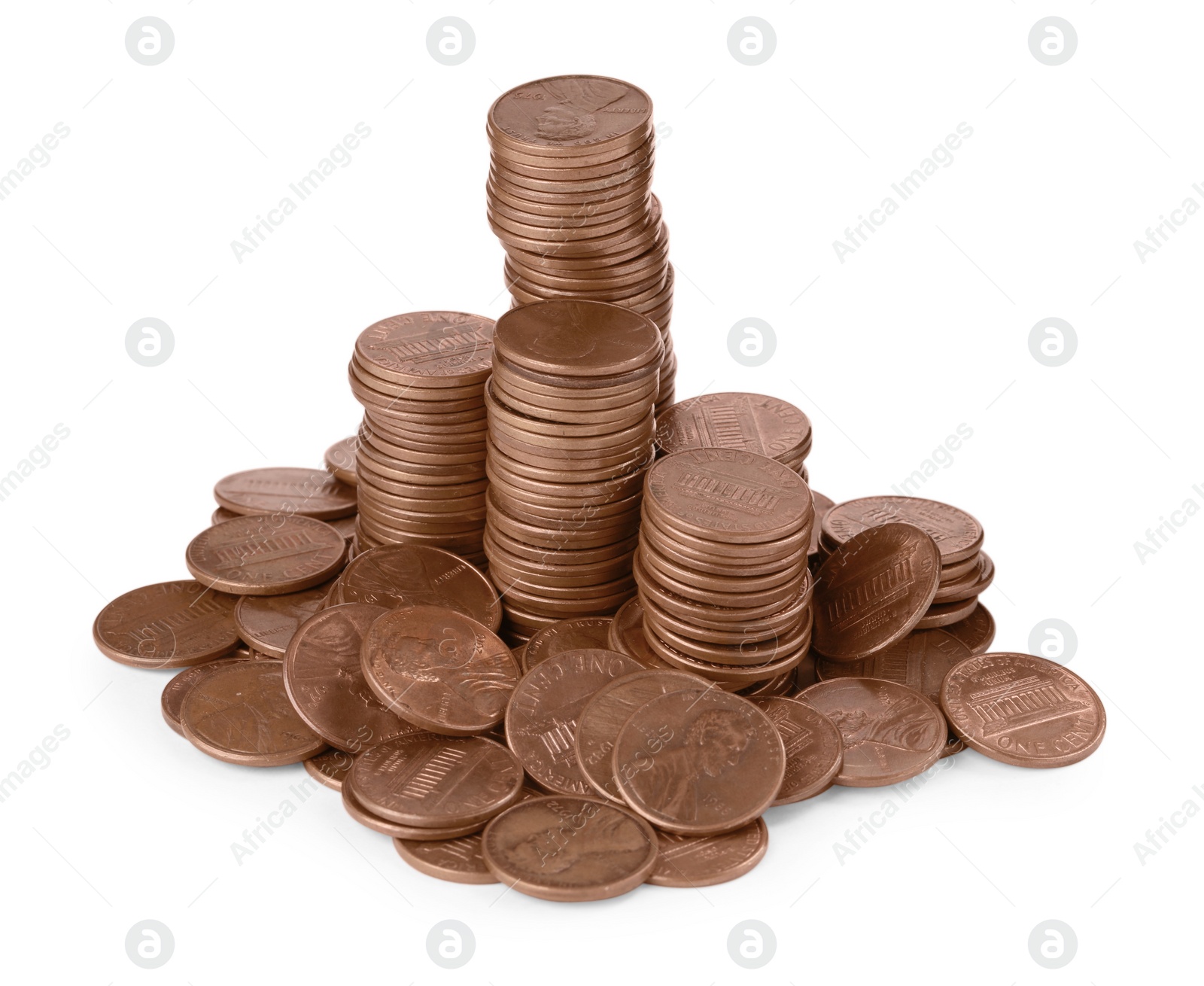 Photo of Many different American coins on white background