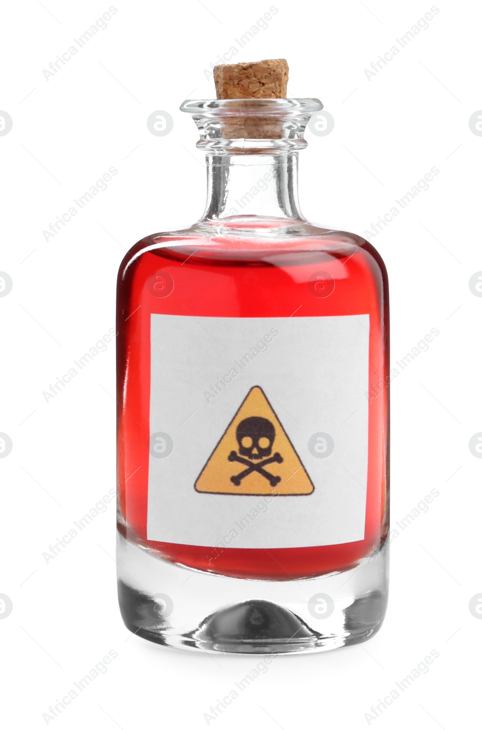 Photo of Glass bottle of poison with warning sign isolated on white