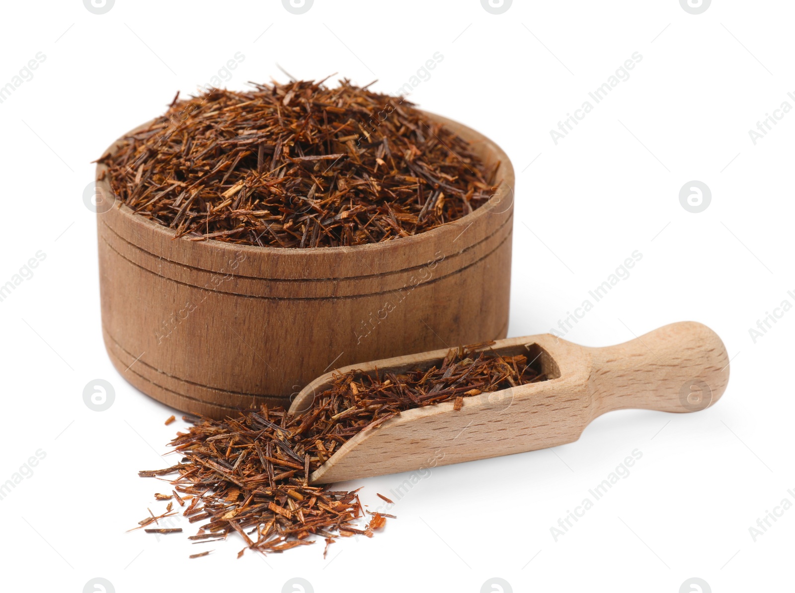 Photo of Rooibos tea in bowl and scoop isolated on white