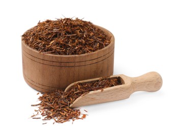 Rooibos tea in bowl and scoop isolated on white