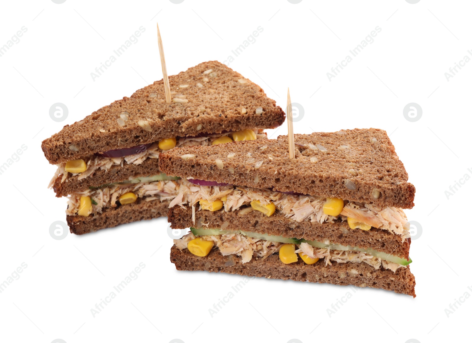 Photo of Delicious sandwiches with tuna and vegetables on white background