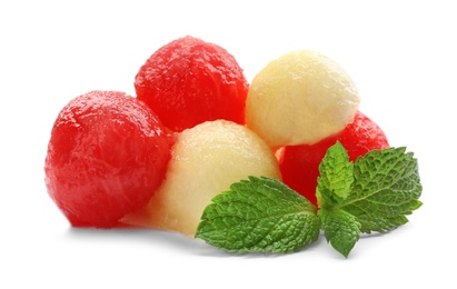 Photo of Mint, melon and watermelon balls on white background