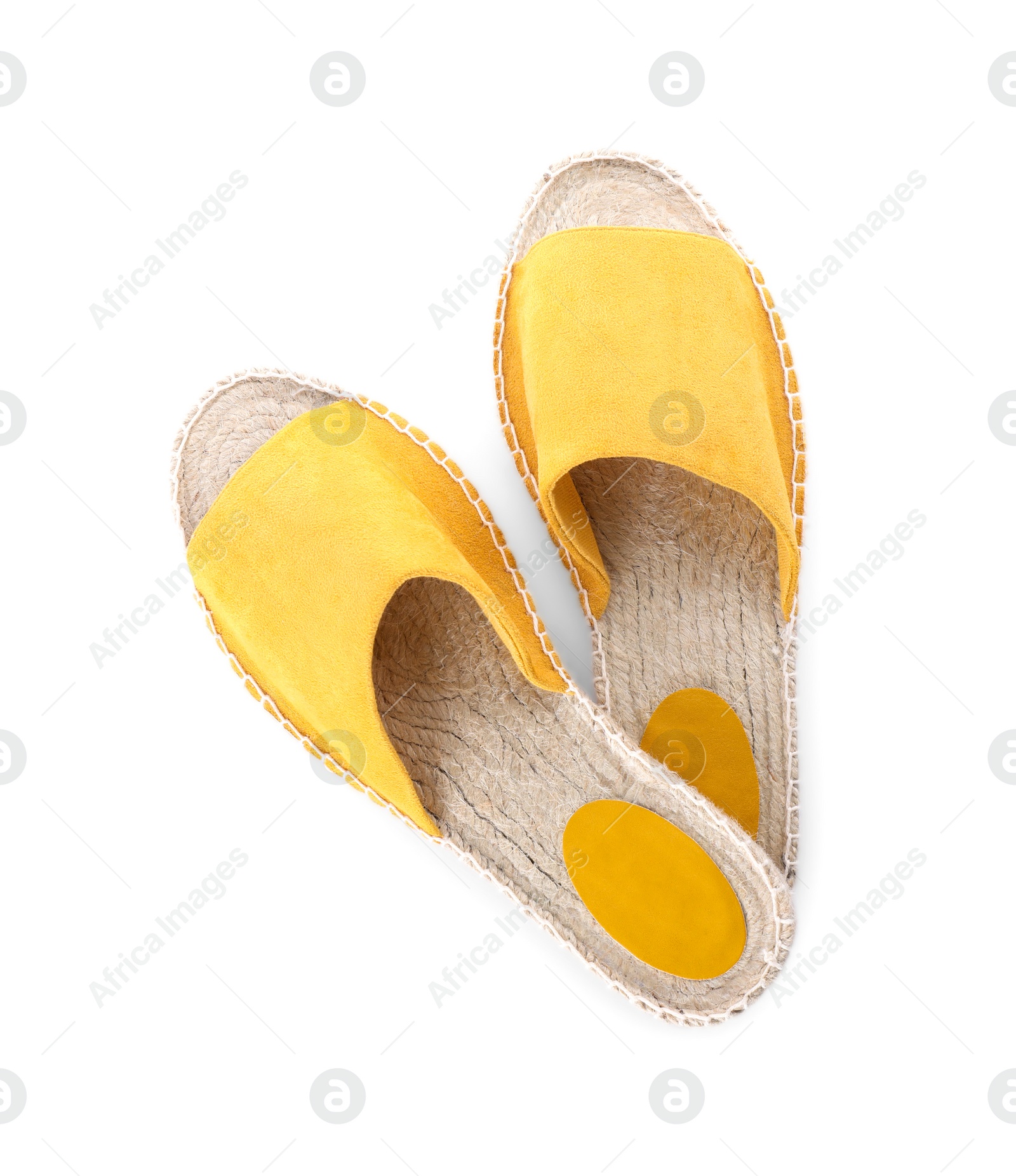 Photo of Slide sandals isolated on white, top view. Beach accessory