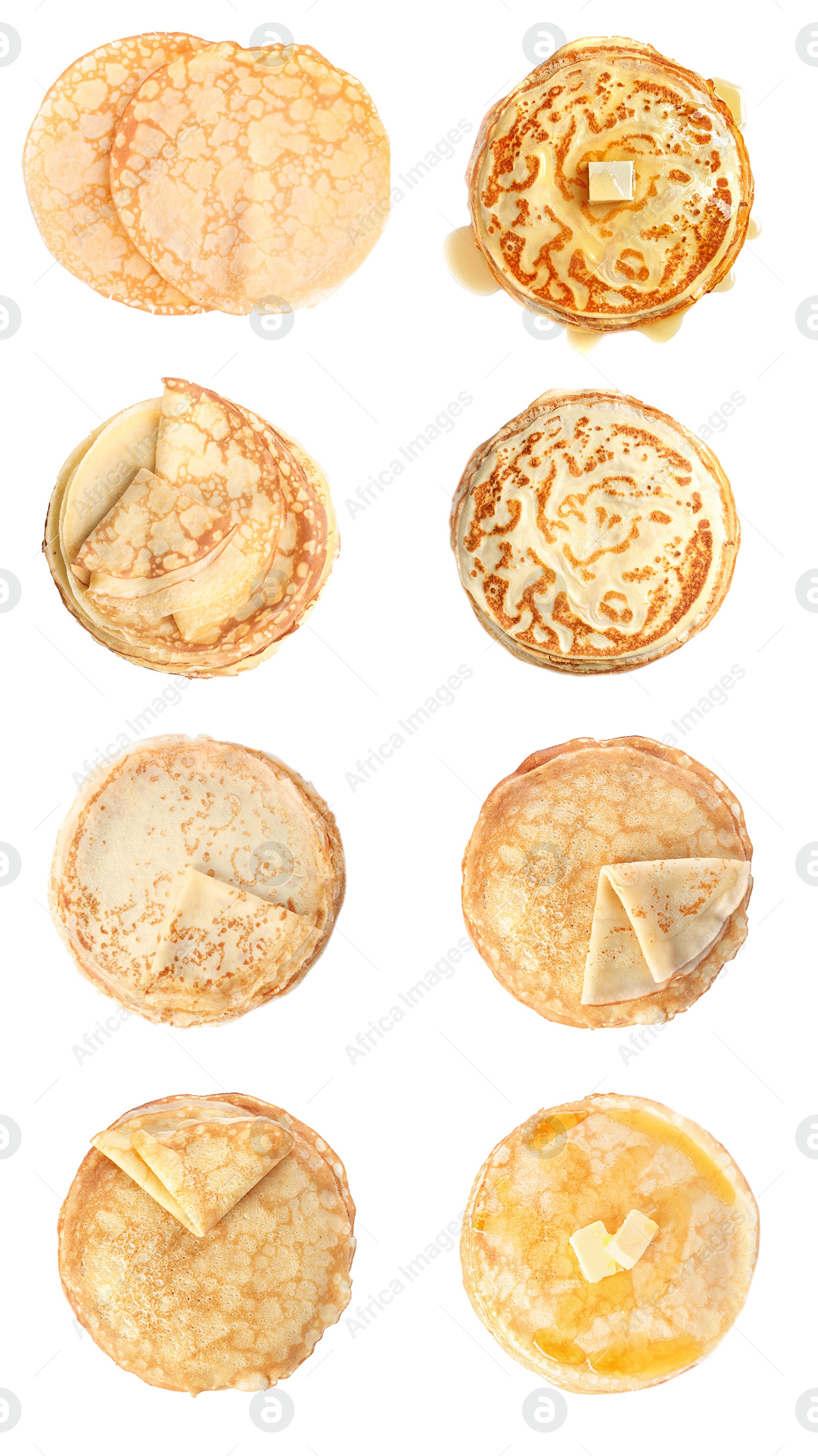 Image of Set of tasty thin pancakes on white background, top view