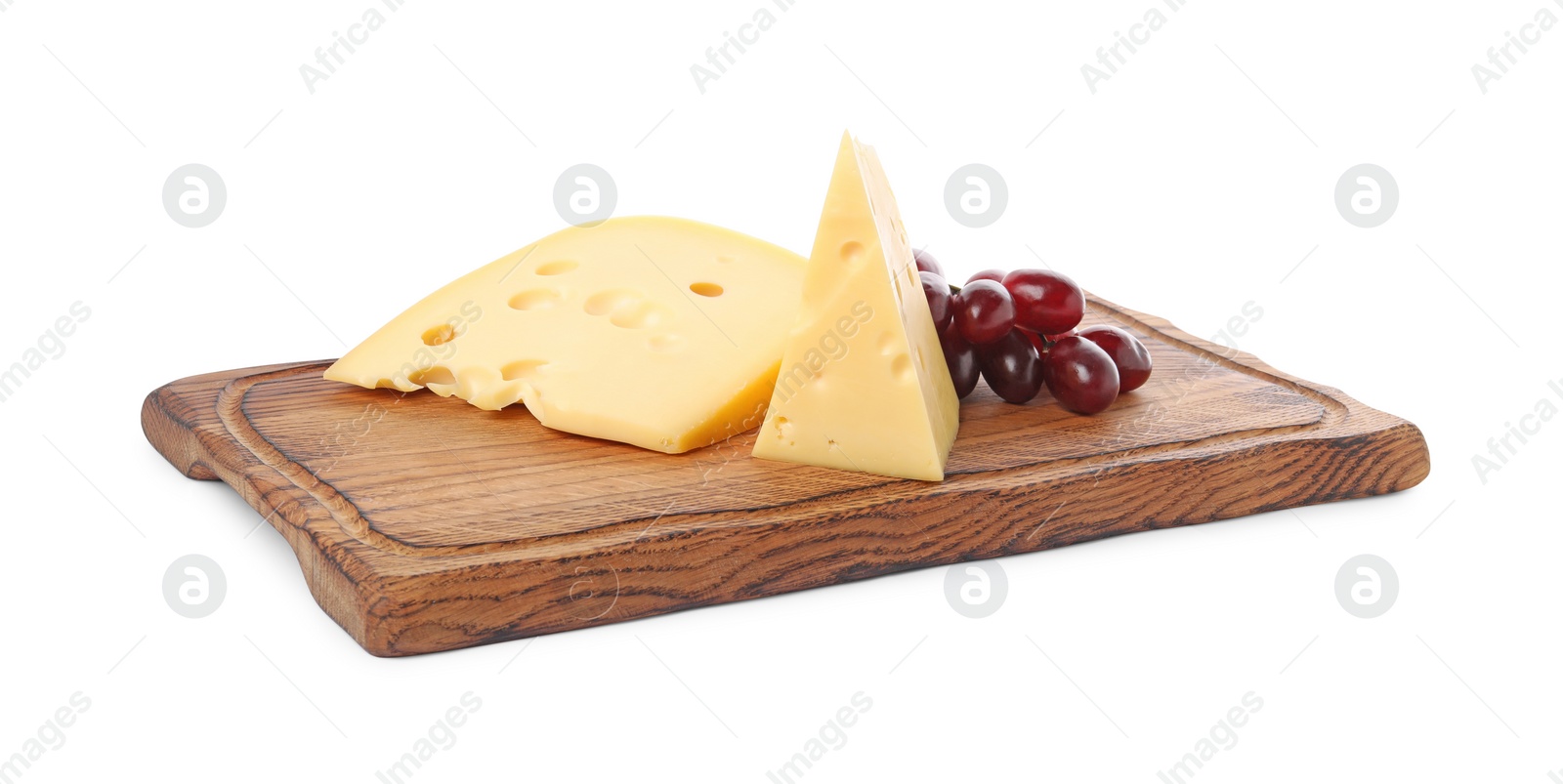 Photo of Pieces of delicious cheese and grapes isolated on white