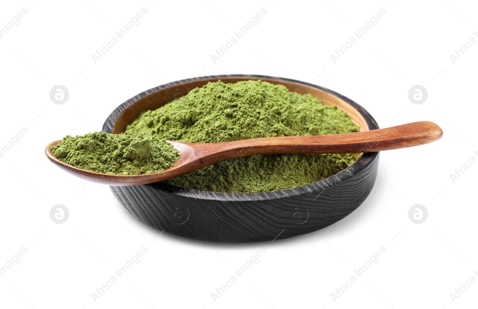 Photo of Green matcha powder in bowl and spoon isolated on white