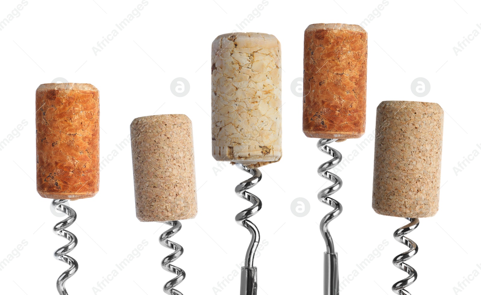 Image of Corkscrews with wine corks on white background