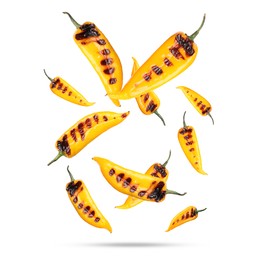 Image of Grilled peppers in air on white background