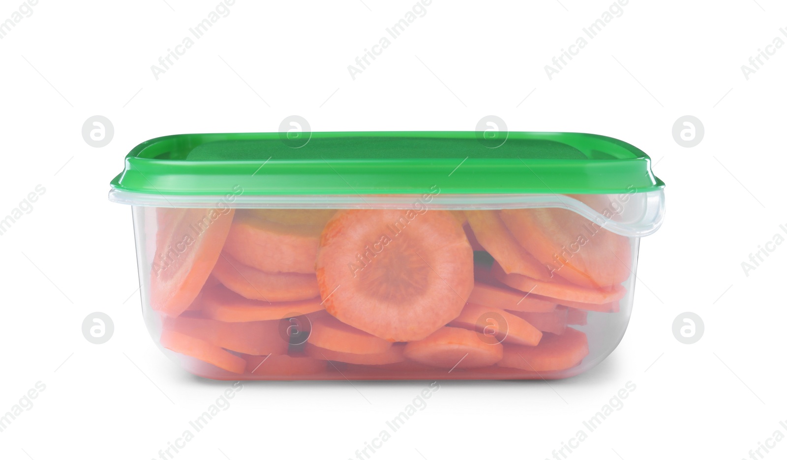 Photo of Fresh sliced carrots in plastic container isolated on white