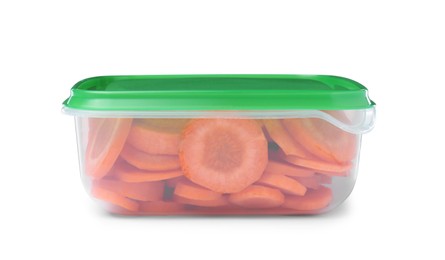 Photo of Fresh sliced carrots in plastic container isolated on white