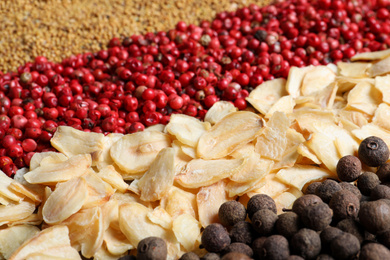 Photo of Many different spices as background, closeup view