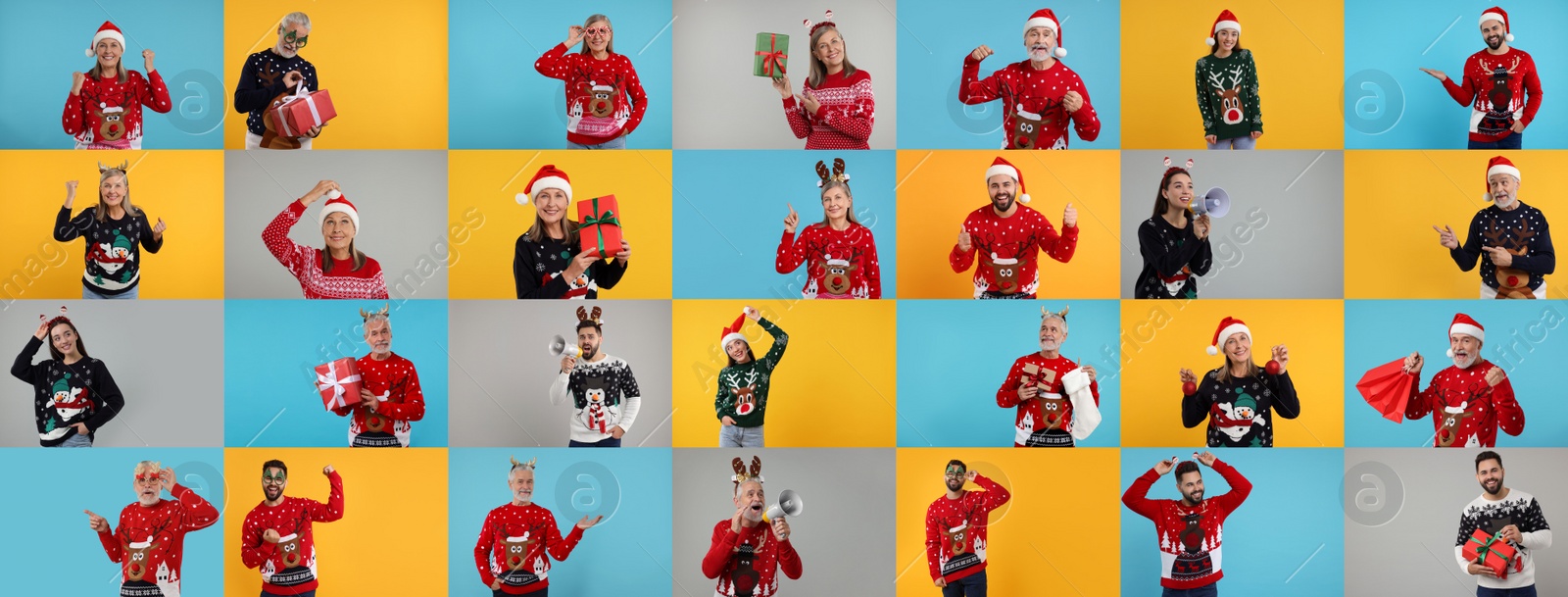 Image of People in Christmas sweaters on color backgrounds, set of photos