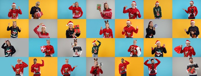 People in Christmas sweaters on color backgrounds, set of photos