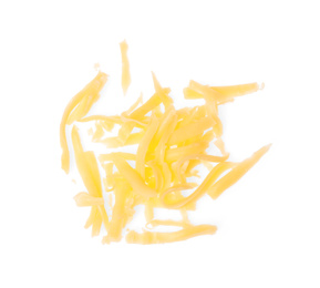 Pile of grated cheese on white background