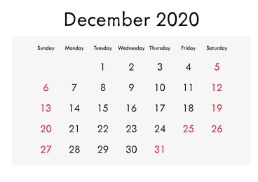 2020 December calendar design on white background