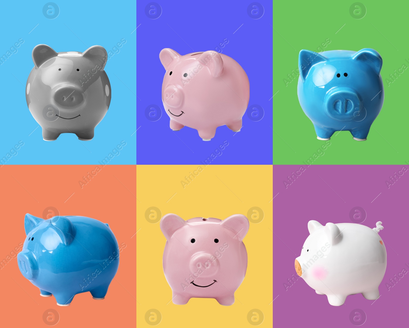 Image of Set with piggy banks on different color backgrounds